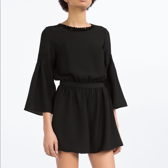 Zara Other - ZARA jeweled neckline Black bell sleeve Romper,